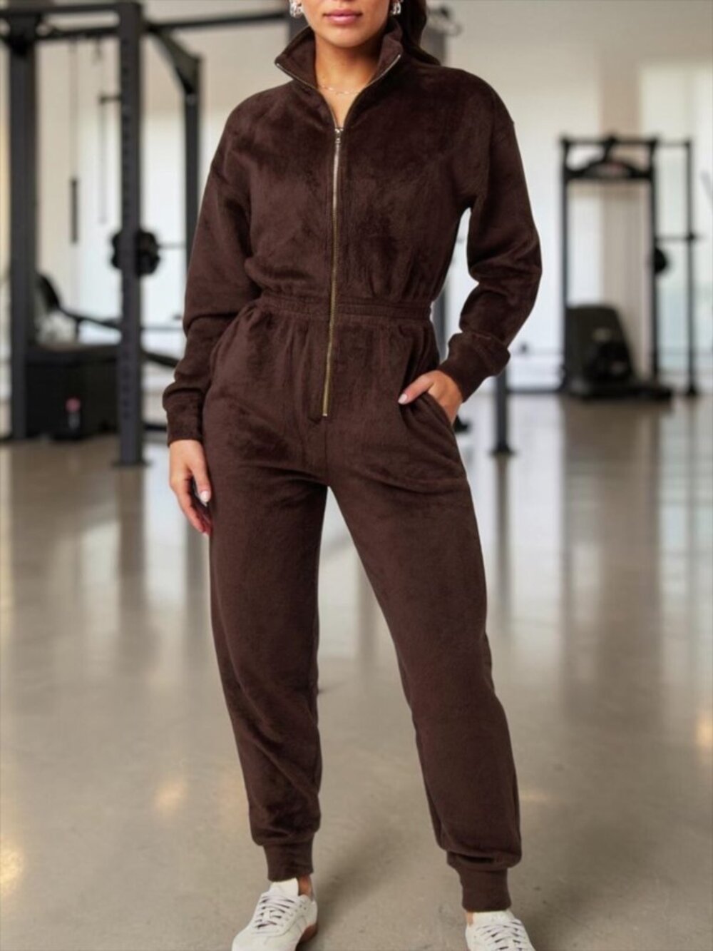 Fabletics Cozy Cord Zip Jumpsuit L Cacao Brown Long Sleeve NEW